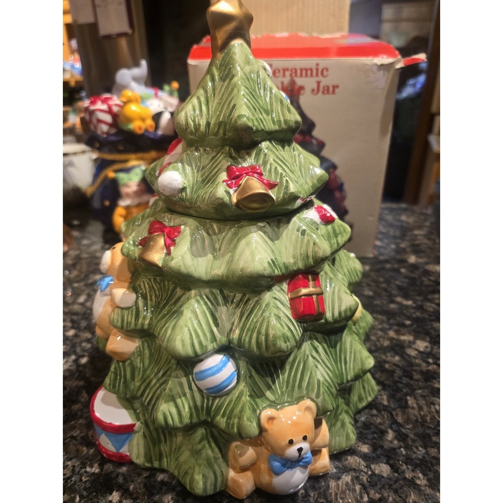 Christmas Tree Cookie Jar‎ Village Earthenware Musical Lid!! Works!!!